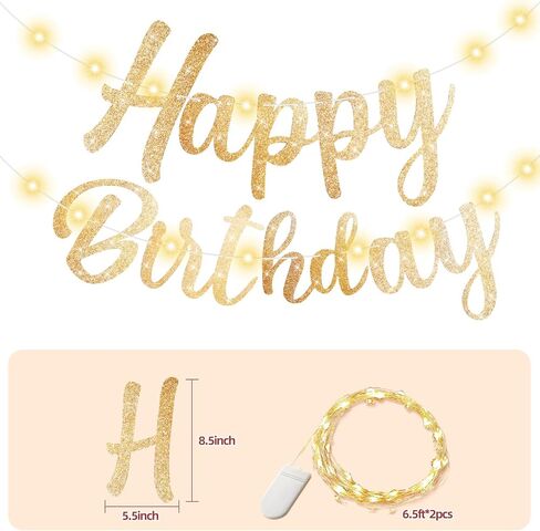 Pre-Strung Happy Birthday Banner, Gold Glitter Birthday Sign, Perfect Happy Birthday Decorations, Happy Birthday Banner with Lights in Kuwait