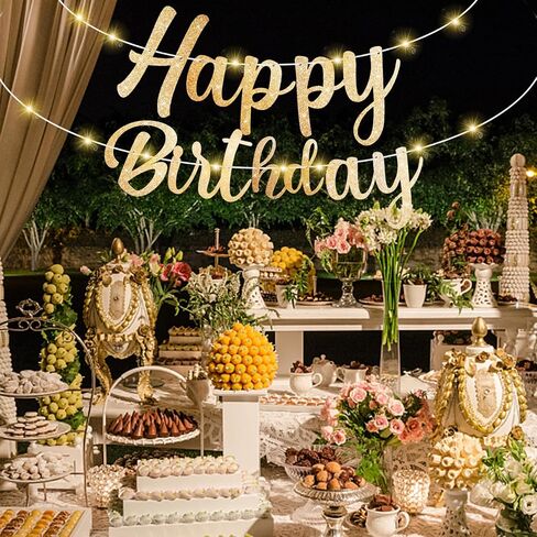 Pre-Strung Happy Birthday Banner, Gold Glitter Birthday Sign, Perfect Happy Birthday Decorations, Happy Birthday Banner with Lights in Kuwait