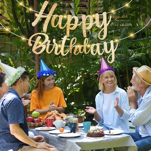 Pre-Strung Happy Birthday Banner, Gold Glitter Birthday Sign, Perfect Happy Birthday Decorations, Happy Birthday Banner with Lights in Kuwait