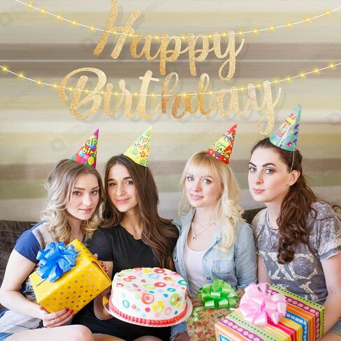 Pre-Strung Happy Birthday Banner, Gold Glitter Birthday Sign, Perfect Happy Birthday Decorations, Happy Birthday Banner with Lights in Kuwait