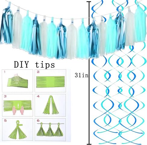 زخارف حفلة عيد ميلاد زرقاء، لافتة عيد ميلاد سعيد زرقاء لزينة أعياد ميلاد الأطفال، شرابات ورقية زرقاء، كرات على شكل قرص العسل، دوامات للأولاد والبنات، لوازم زينة عيد ميلاد العائلة in Kuwait