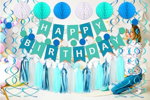 زخارف حفلة عيد ميلاد زرقاء، لافتة عيد ميلاد سعيد زرقاء لزينة أعياد ميلاد الأطفال، شرابات ورقية زرقاء، كرات على شكل قرص العسل، دوامات للأولاد والبنات، لوازم زينة عيد ميلاد العائلة in Kuwait