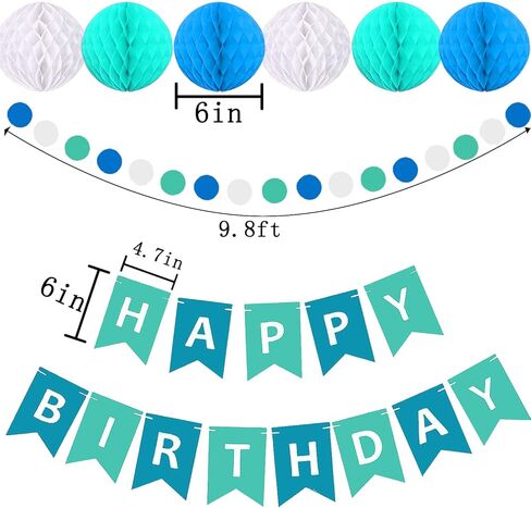 زخارف حفلة عيد ميلاد زرقاء، لافتة عيد ميلاد سعيد زرقاء لزينة أعياد ميلاد الأطفال، شرابات ورقية زرقاء، كرات على شكل قرص العسل، دوامات للأولاد والبنات، لوازم زينة عيد ميلاد العائلة in Kuwait