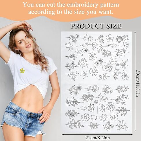 50Pcs Pattern Stick and Stitch Embroidery Paper Water Soluble Stabilizer for Embroidery with Pre-Printed Flowers and Leaves Adhesive Stabilizer for Embroidery Beginner Hand Sewing in Kuwait