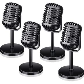 Zubebe 4 Pcs Microphone Props Retro Vintage Plastic Fake Microphone Pretend Mic Centerpiece for Cosplay Podcast Event Rock and Roll Hip Hop Music Party Decorations(Gold)