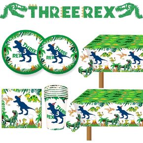 Dinosaur Birthday Party Supplies 3 Year Old Boy Three Rex Plates Napkins and Cups Banners Table Cloth Three Rex Birthday Party Decorations for Boys T-Rex 3 Rex Dinosaur Birthday Party Supplies