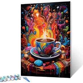 Graffitic Coffee Paint by Numbers Kits 16x20 inches Canvas Coffee Bean DIY Digital Oil Painting for Adults with Brushes and Acrylic Pigment -Abstract Doodle Cup Picture for Home Decor Gift(Diy Frame)