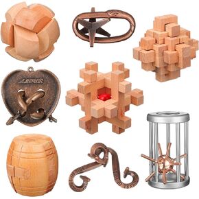 8 Pcs Brain Teaser Puzzles for Adults Logic Wooden Brain Teasers Mind Puzzles and Metal Puzzle Fidget Fun Educational IQ Games 3D Unlock Interlock for Adults Kids Teen Boys Girls Gift in Saudi Arabia