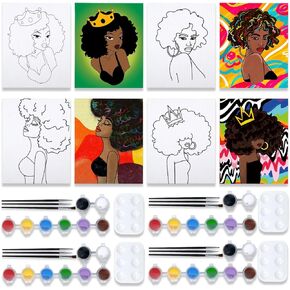 VOCHIC 4 Pack 8x10 Party Party Kits Canvas Painting Kit Pre Drawn Canvas for Painting for Adults Paint and Sip Party Supplies Canvas to Paint Afro Queen BLM Girl Paint Art Set