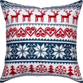 Brvsk Winter Stamped Cross-Stitch Kit for Adults and Beginners — Reindeer Pattern 16″ × 16″ with Clear, Precise Printed Design on Cotton Canvas; Includes 2 Needles, Yarn, and Easy-Read Chart