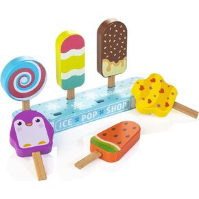HELLOWOOD Wooden Ice Pop Shop Pretend Play Set for Kids, 7 Pieces Realistic Ice Lolly Play Food Toys Set, Montessori Role Play Toys for Toddlers Age 2-4