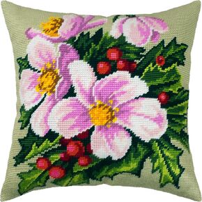 Christmas Flowers by Catharina Klein. Needlepoint Kit. Throw Pillow 16×16 Inches. Printed Tapestry Canvas, European Quality
