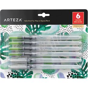 Arteza Water Brush Pens, Set of 6, with Assorted Soft Nylon Bristle Tip Sizes, Self-Moistening Water Color Paint Pens for Aquarelle, Ink, and Watercolor Painting