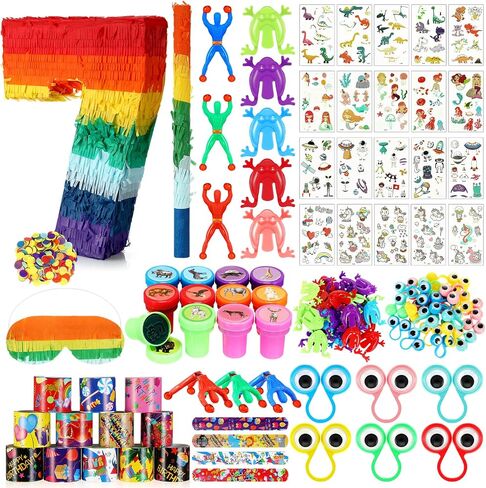 Lenwen 120 Pcs Rainbow Pinata Toy Set, Multicolor Kids Birthday Party Pinata with Blindfold Stick and Confetti Carnival Prize for Girls Boys 4th Anniversary Cinco De Mayo Fiesta Decor (Number 3) in Kuwait