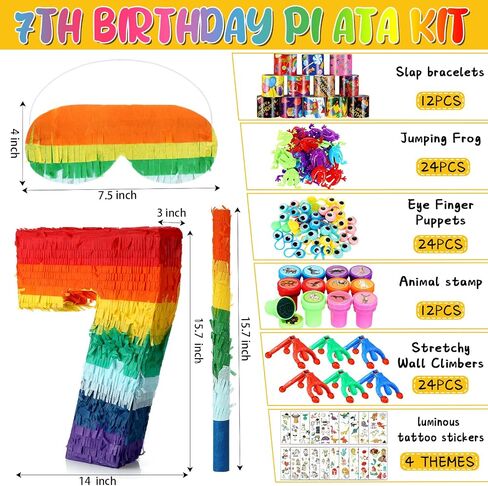 Lenwen 120 Pcs Rainbow Pinata Toy Set, Multicolor Kids Birthday Party Pinata with Blindfold Stick and Confetti Carnival Prize for Girls Boys 4th Anniversary Cinco De Mayo Fiesta Decor (Number 3) in Kuwait