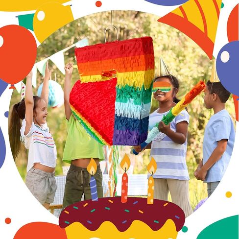 Lenwen 120 Pcs Rainbow Pinata Toy Set, Multicolor Kids Birthday Party Pinata with Blindfold Stick and Confetti Carnival Prize for Girls Boys 4th Anniversary Cinco De Mayo Fiesta Decor (Number 3) in Kuwait