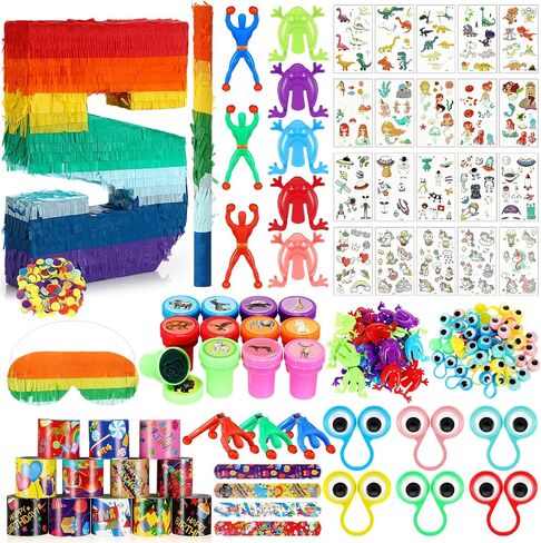 Lenwen 120 Pcs Rainbow Pinata Toy Set, Multicolor Kids Birthday Party Pinata with Blindfold Stick and Confetti Carnival Prize for Girls Boys 4th Anniversary Cinco De Mayo Fiesta Decor (Number 3) in Kuwait