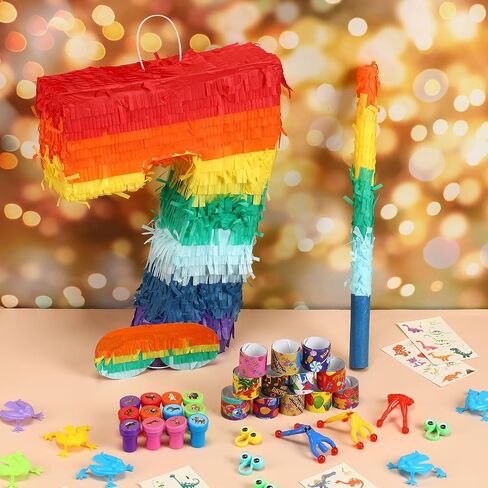 Lenwen 120 Pcs Rainbow Pinata Toy Set, Multicolor Kids Birthday Party Pinata with Blindfold Stick and Confetti Carnival Prize for Girls Boys 4th Anniversary Cinco De Mayo Fiesta Decor (Number 3) in Kuwait