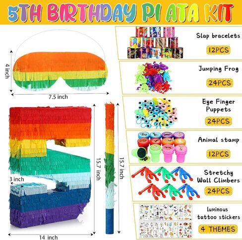 Lenwen 120 Pcs Rainbow Pinata Toy Set, Multicolor Kids Birthday Party Pinata with Blindfold Stick and Confetti Carnival Prize for Girls Boys 4th Anniversary Cinco De Mayo Fiesta Decor (Number 3) in Kuwait