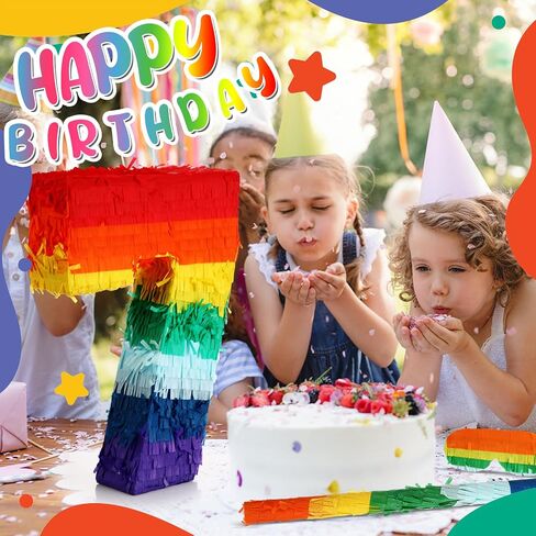 Lenwen 120 Pcs Rainbow Pinata Toy Set, Multicolor Kids Birthday Party Pinata with Blindfold Stick and Confetti Carnival Prize for Girls Boys 4th Anniversary Cinco De Mayo Fiesta Decor (Number 3) in Kuwait