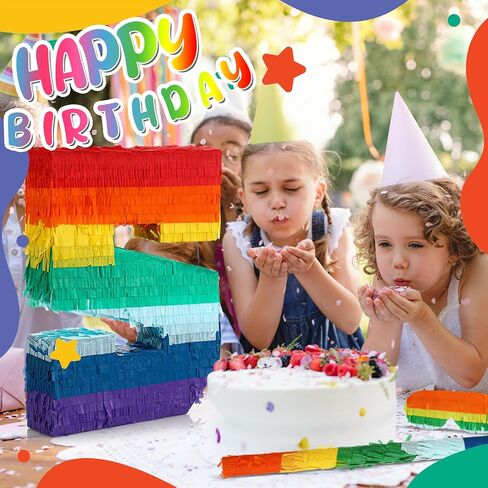 Lenwen 120 Pcs Rainbow Pinata Toy Set, Multicolor Kids Birthday Party Pinata with Blindfold Stick and Confetti Carnival Prize for Girls Boys 4th Anniversary Cinco De Mayo Fiesta Decor (Number 3) in Kuwait