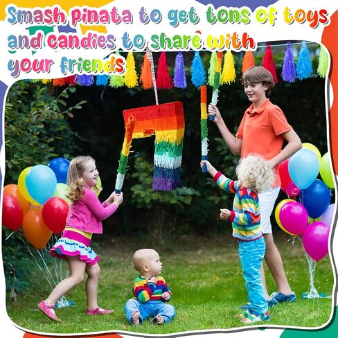 Lenwen 120 Pcs Rainbow Pinata Toy Set, Multicolor Kids Birthday Party Pinata with Blindfold Stick and Confetti Carnival Prize for Girls Boys 4th Anniversary Cinco De Mayo Fiesta Decor (Number 3) in Kuwait
