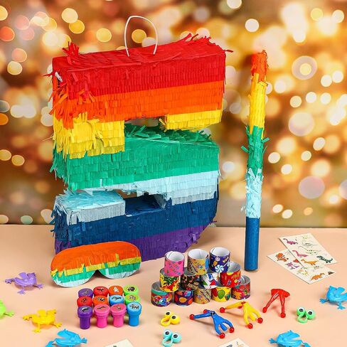 Lenwen 120 Pcs Rainbow Pinata Toy Set, Multicolor Kids Birthday Party Pinata with Blindfold Stick and Confetti Carnival Prize for Girls Boys 4th Anniversary Cinco De Mayo Fiesta Decor (Number 3) in Kuwait