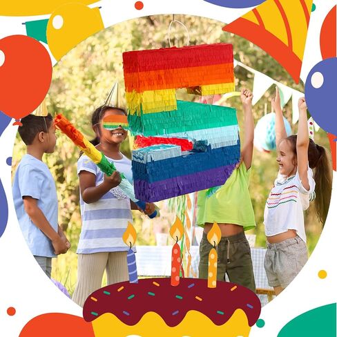 Lenwen 120 Pcs Rainbow Pinata Toy Set, Multicolor Kids Birthday Party Pinata with Blindfold Stick and Confetti Carnival Prize for Girls Boys 4th Anniversary Cinco De Mayo Fiesta Decor (Number 3) in Kuwait
