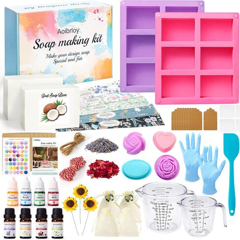 Aoibrloy Soap Making Kits for Adults Beginner with Instructions, Natural DIY Soap Kits with 2lbs. Shea Butter Soap Base, 5 Silicone Soap Mold, Dried Flowers, 4 Essential Oil, 4 Colors, 15 Labels in Kuwait