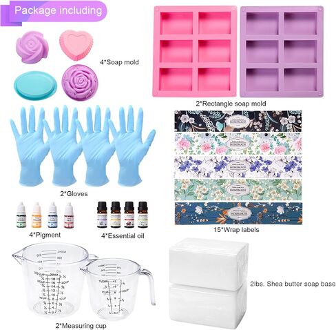 Aoibrloy Soap Making Kits for Adults Beginner with Instructions, Natural DIY Soap Kits with 2lbs. Shea Butter Soap Base, 5 Silicone Soap Mold, Dried Flowers, 4 Essential Oil, 4 Colors, 15 Labels in Kuwait