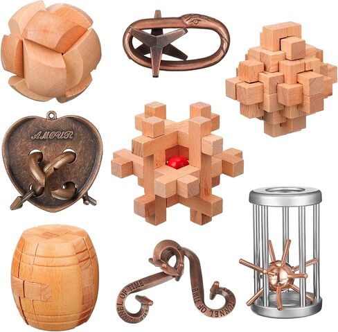 8 Pcs Brain Teaser Puzzles for Adults Logic Wooden Brain Teasers Mind Puzzles and Metal Puzzle Fidget Fun Educational IQ Games 3D Unlock Interlock for Adults Kids Teen Boys Girls Gift in Saudi Arabia