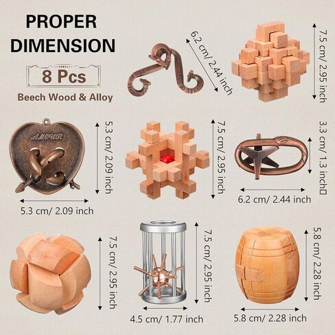 8 Pcs Brain Teaser Puzzles for Adults Logic Wooden Brain Teasers Mind Puzzles and Metal Puzzle Fidget Fun Educational IQ Games 3D Unlock Interlock for Adults Kids Teen Boys Girls Gift in Saudi Arabia