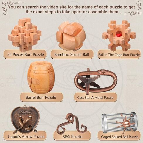 8 Pcs Brain Teaser Puzzles for Adults Logic Wooden Brain Teasers Mind Puzzles and Metal Puzzle Fidget Fun Educational IQ Games 3D Unlock Interlock for Adults Kids Teen Boys Girls Gift in Saudi Arabia