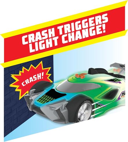 Hot Wheels Color Crashers Mach Speeder Vehicle, 10-Inch Green Motorized Toy Car with Lights and Realistic Racing Sounds, Kids Toys for Ages 3 Up by Just Play in Saudi Arabia