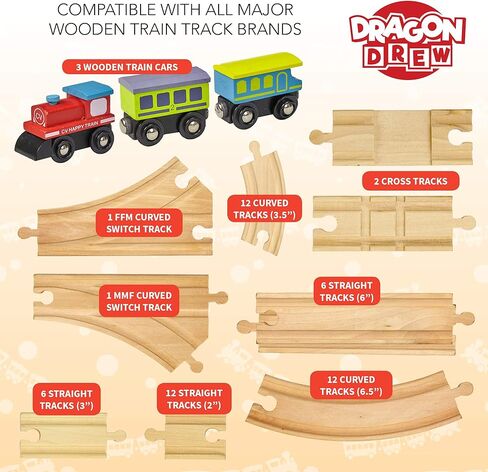 مسارات قطار خشبية دراجون درو - 55 قطعة - متوافقة مع بريو، وتوماس، وتشوجنجتون، وجميع العلامات التجارية الكبرى، طقم الملحقات والتوسع يتضمن 52 مسار و3 سيارات لطيفة in Kuwait