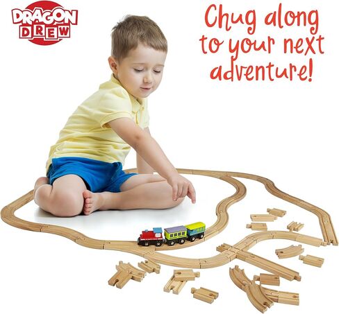 مسارات قطار خشبية دراجون درو - 55 قطعة - متوافقة مع بريو، وتوماس، وتشوجنجتون، وجميع العلامات التجارية الكبرى، طقم الملحقات والتوسع يتضمن 52 مسار و3 سيارات لطيفة in Kuwait