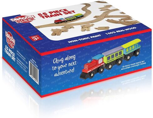 مسارات قطار خشبية دراجون درو - 55 قطعة - متوافقة مع بريو، وتوماس، وتشوجنجتون، وجميع العلامات التجارية الكبرى، طقم الملحقات والتوسع يتضمن 52 مسار و3 سيارات لطيفة in Kuwait