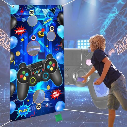 ألعاب الفيديو ألعاب الرمي، لعبة المستوى الأعلى لوحدة التحكم في ألعاب الفيديو، خلفية مع 3 أكياس فول للأطفال، لوازم حفلات الألعاب الزرقاء، ألعاب الرمي وحفلات أعياد الميلاد في الهواء الطلق والأنشطة العائلية الداخلية in Saudi Arabia