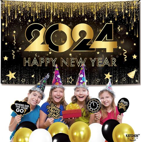 KatchOn, XtraLarge Happy New Year Banner - 72x44 Inch | New Years Backdrop for New Years Decorations 2024 | New Years Eve Banner for Happy New Year Decorations 2024 | New Years Eve Party Supplies 2024 in Saudi Arabia