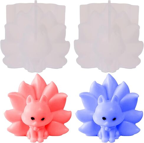 ONNPNN قطعتين من قالب شمع الثعلب ذو 9 ذيل، قوالب سيليكون ثلاثية الأبعاد على شكل ثعلب تسعة ذيل، قوالب أقراص سكرية على شكل حيوان، لتزيين سطح المكتب المصنوع يدويًا من راتنجات الإيبوكسي والجبس in Kuwait