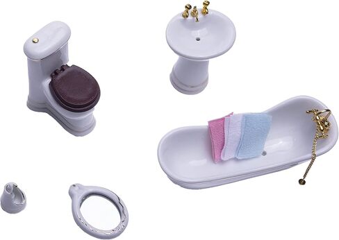 SUCCUNA Dollhouse Accessories Bathroom Set 1 12 Scale Dollhouse Furniture Miniatures Toys Mini Ceramic Toilet Washbasin Mirror Bathtub with 3 Towels for Dollhouse Restroom Decoration in Kuwait