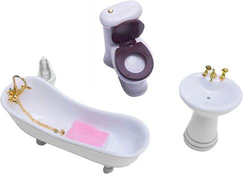 SUCCUNA Dollhouse Accessories Bathroom Set 1 12 Scale Dollhouse Furniture Miniatures Toys Mini Ceramic Toilet Washbasin Mirror Bathtub with 3 Towels for Dollhouse Restroom Decoration in Kuwait