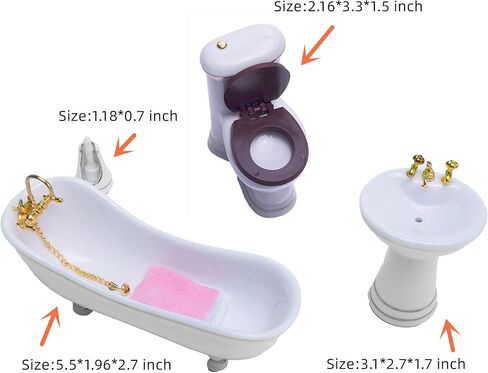 SUCCUNA Dollhouse Accessories Bathroom Set 1 12 Scale Dollhouse Furniture Miniatures Toys Mini Ceramic Toilet Washbasin Mirror Bathtub with 3 Towels for Dollhouse Restroom Decoration in Kuwait