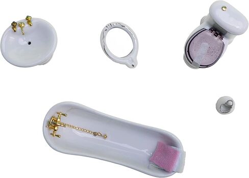 SUCCUNA Dollhouse Accessories Bathroom Set 1 12 Scale Dollhouse Furniture Miniatures Toys Mini Ceramic Toilet Washbasin Mirror Bathtub with 3 Towels for Dollhouse Restroom Decoration in Kuwait