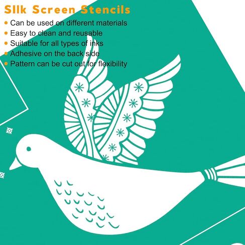 BOOLOOEN استنسل الشاشة الحريرية ذاتية اللصق استنسل نقل الاستنسل القابل لإعادة الاستخدام وقابل للغسل شبكة الاستنسل للنسيج الخشبي ديكور المنزل DIY مجموعة 2 قطعة 8.5 × 11 بوصة (طائر حمامة السلام) in Kuwait
