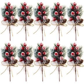 SUFUBAI 20 Pack Artificial Pine Picks, Christmas Berry Picks Mini Holly Stem Snowy Pine with Berries Pine Cones for Xmas Flower Arrangements Wreaths and Holiday Decorations Red+white, 15cm in Saudi Arabia