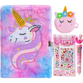 Luolizon Unicorn Diary للفتيات والأطفال دفتر يوميات لطيف مع قفل، مذكرات قطيفة للفتيات منفوشة، عيد ميلاد، عيد الميلاد، مجموعة هدايا السنة الجديدة للفتيات مع محفظة ملصقات أقلام متعددة الألوان in Kuwait