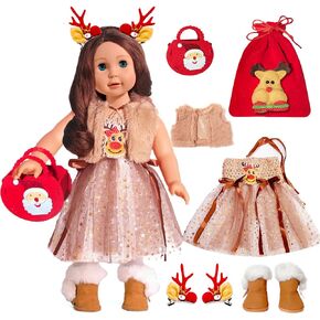 مجموعة ملابس الدمية مقاس 18 بوصة - أزياء عيد الميلاد مع أحذية وأغطية للرأس وحقيبة هدايا إلك in Kuwait