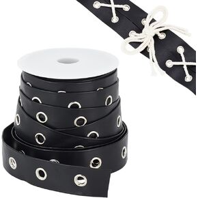 PH PandaHal 9 Yards Eyelet Trim with Grommets, 24mm Black Imitation Leather Eyelet Grommet Tape with 6mm Golden Metal Hole Ring Eyelet Twill Trim for Sewing Garment Corset Dress Skirt Jacket Shoes
