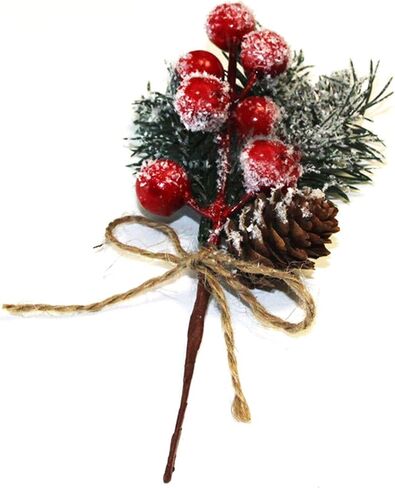 SUFUBAI 20 Pack Artificial Pine Picks, Christmas Berry Picks Mini Holly Stem Snowy Pine with Berries Pine Cones for Xmas Flower Arrangements Wreaths and Holiday Decorations Red+white, 15cm in Saudi Arabia